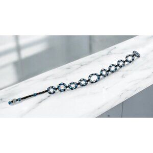 Handcrafted Beaded Blue Gray Bracelet Circles Rings Seed Beed